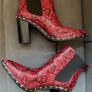 Red Snake-Print Block Heel Ankle Boot with Stud Detail size 9.5 women’s